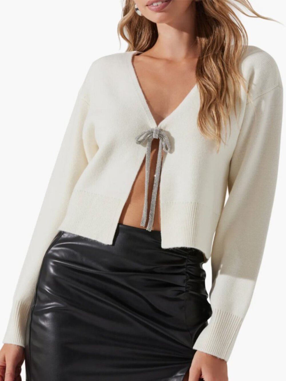 ASTR The Label Cream Embellished Bow Cardigan Size S